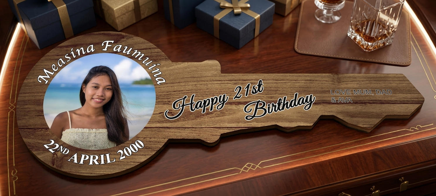 Custom 21st birthday key made from 3mm printed wood and 6mm wood backing with an attached zinc chain, showing a personalised photo and name.